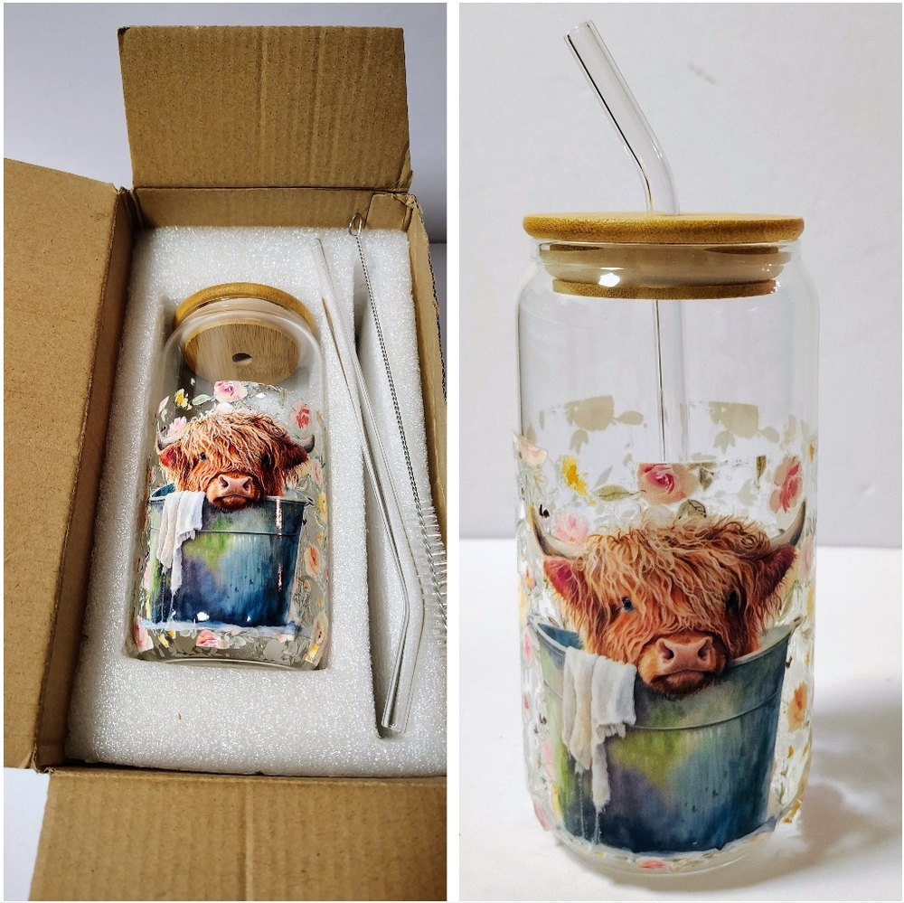 Floral Highland Cow Glass Tumbler with Straw And Cleaning Brush Cow Lovers NIB